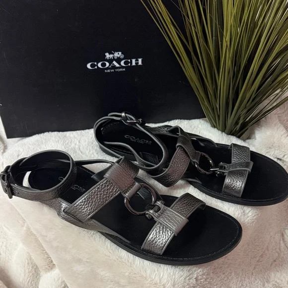 Coach Elaine Metallic Pebble Leather Gunmetal Sandals - Picture 4 of 5